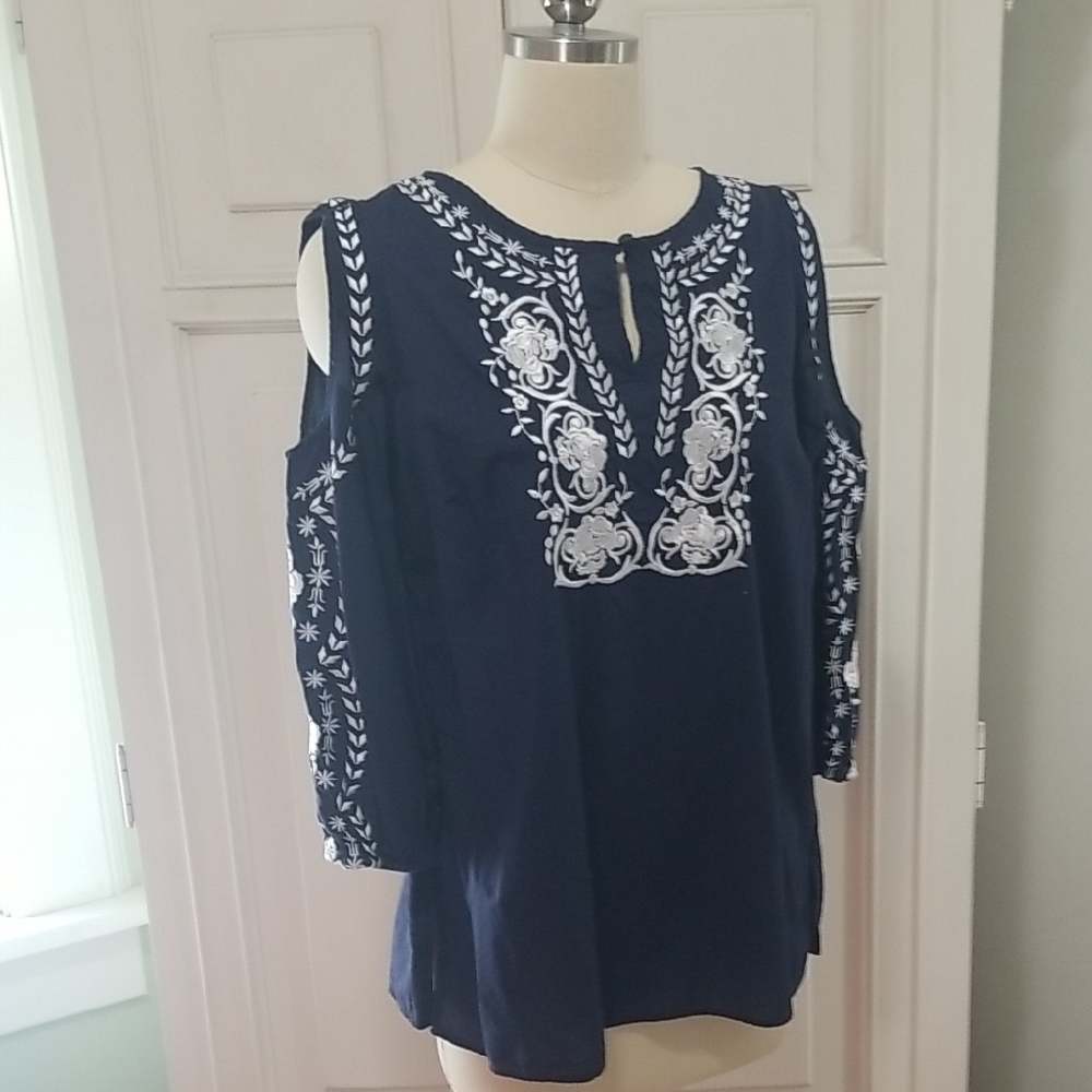 Charter Club Navy Blouse with White Embroidery